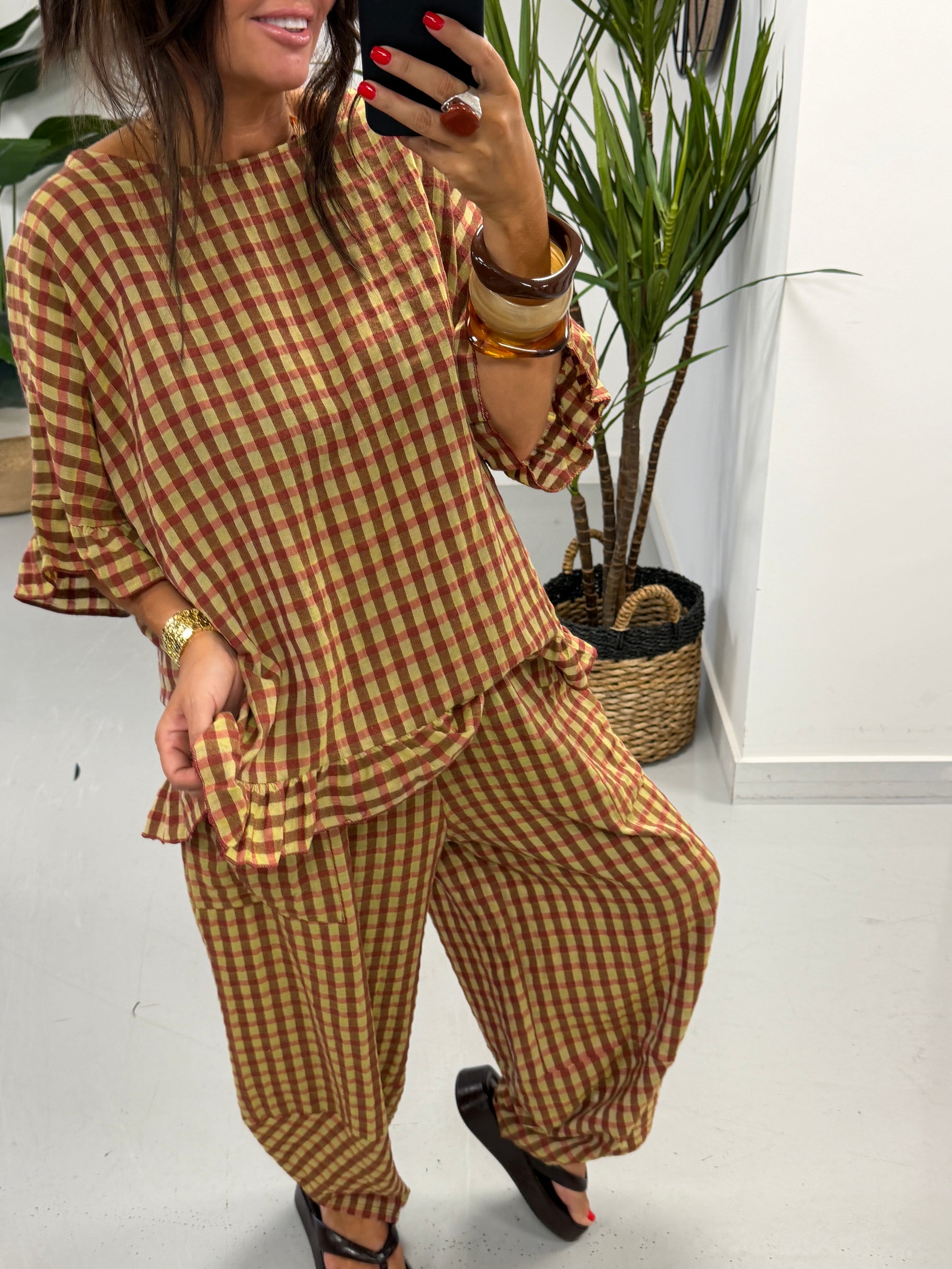 The Autumn Check Ruffle Tunic - Pistachio