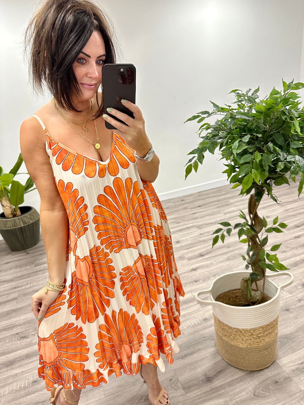 Pleated Cami Dress - Orange
