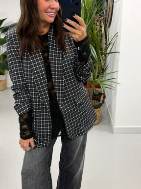 Plaid Ruched Sleeve Blazer - Black/White (Plus sizes)