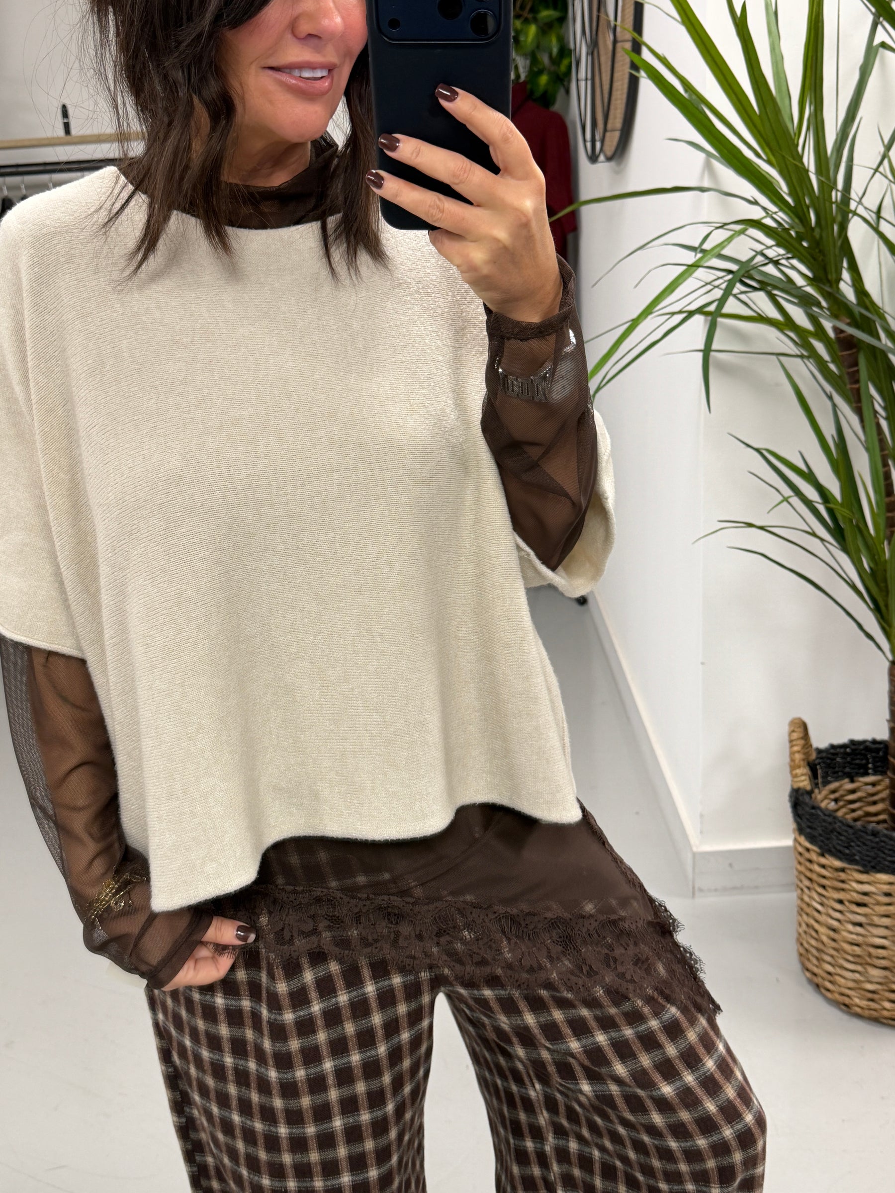 Asymmetrical lace trim lined Mesh Top - Chocolate