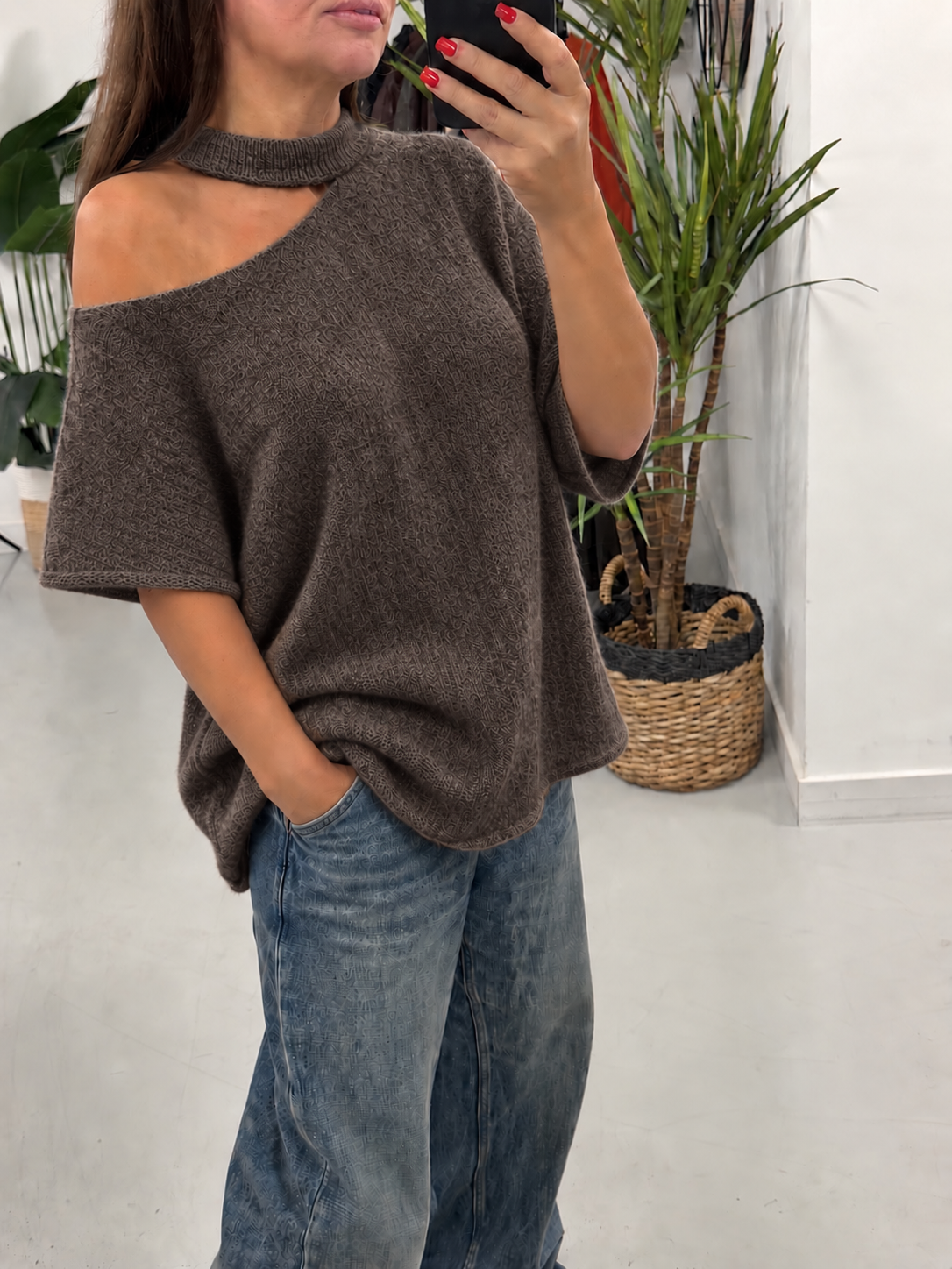 Crop Sleeve Slash Neck Knit  - Mocha (Size 10-16) (Copy)