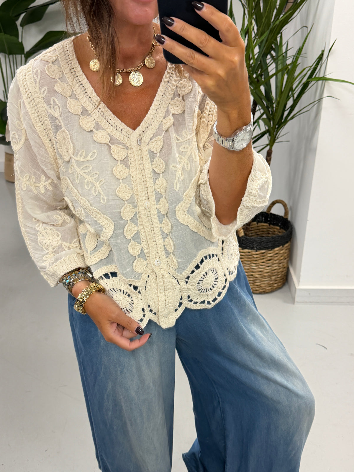 Sorrento Crochet Button Front  Cardigan - Cream