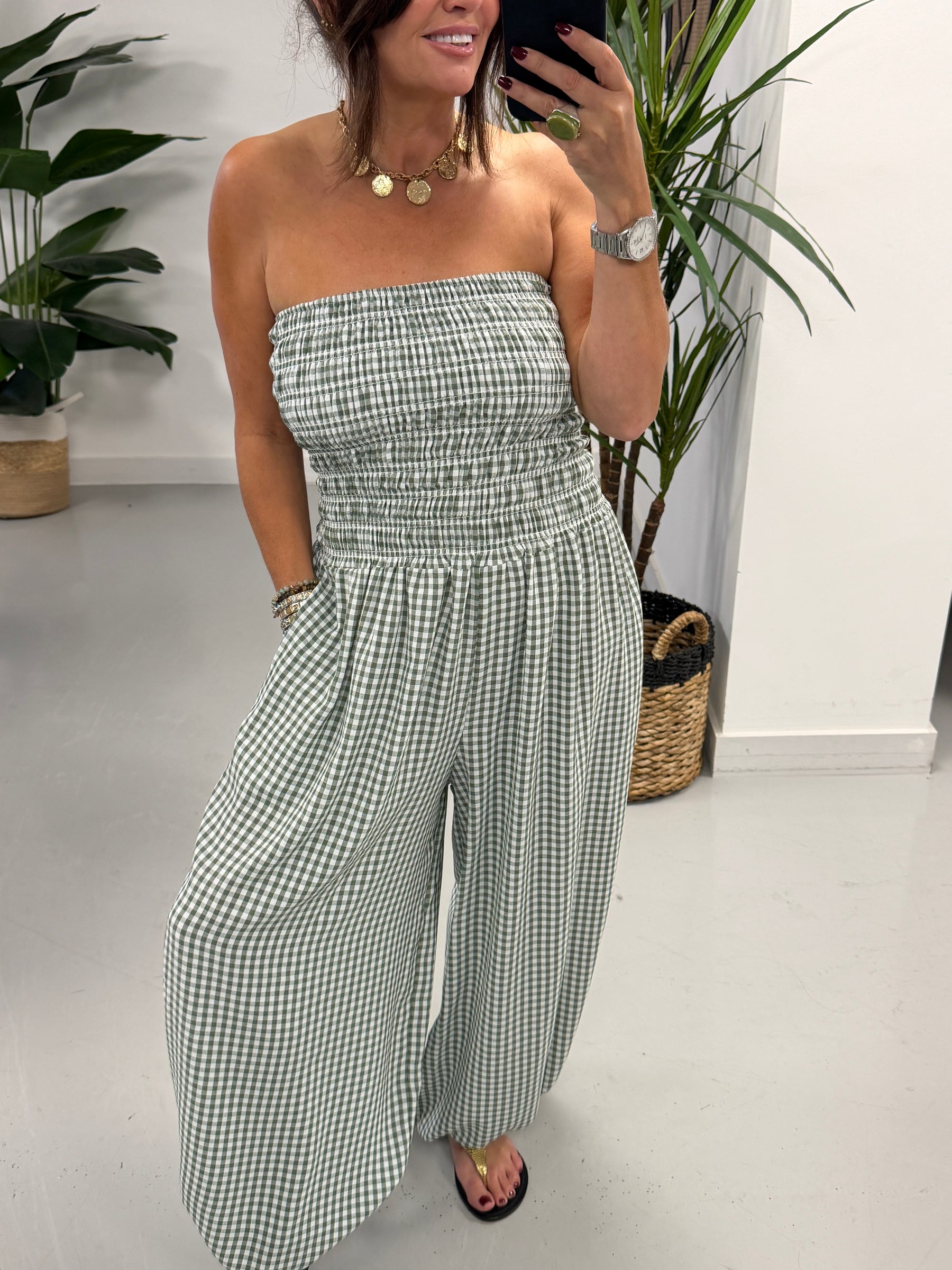 The Gingham Balloon Leg Jumpsuit- Khaki