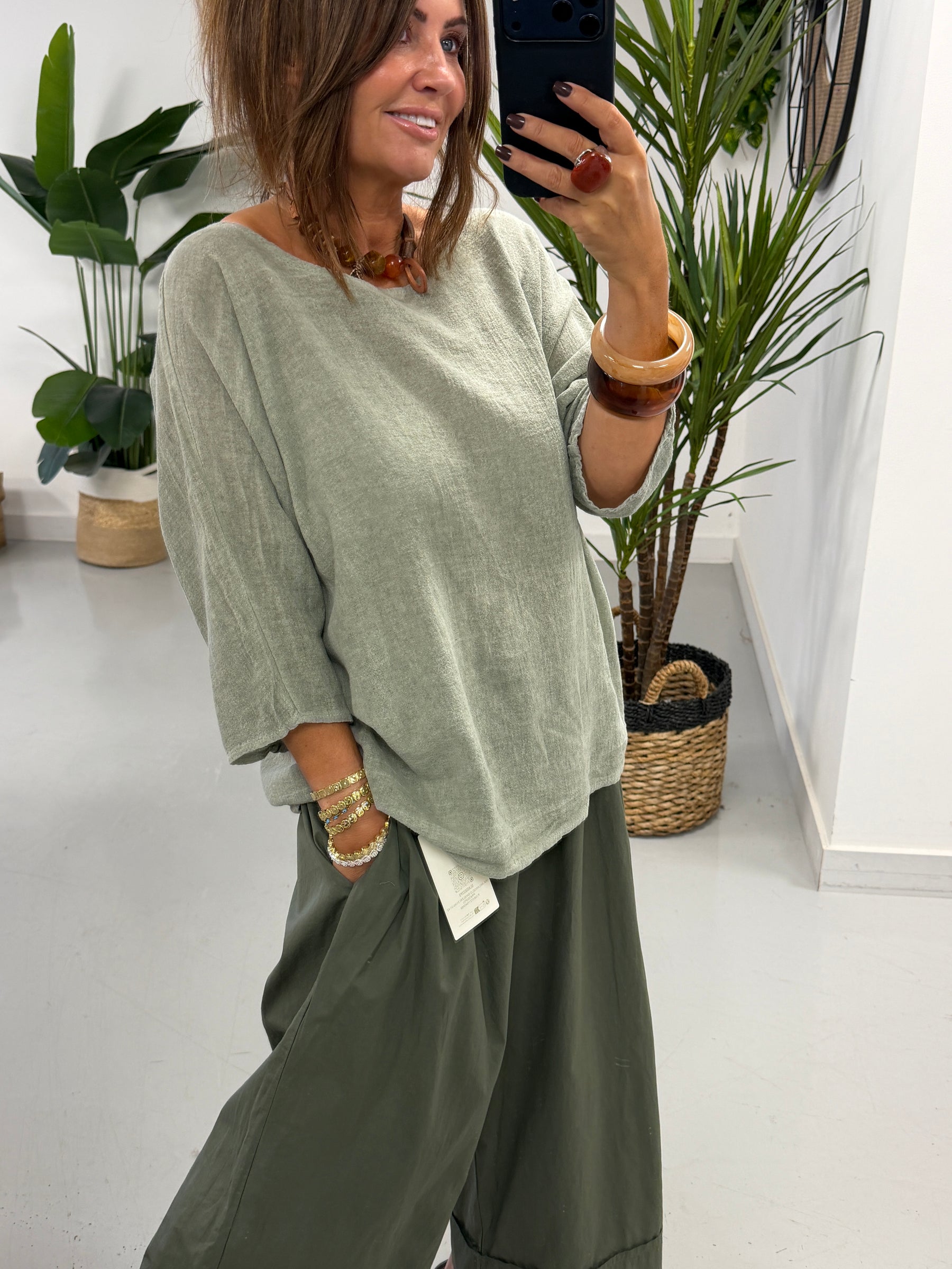 Linen Blend Boxy Top - Khaki