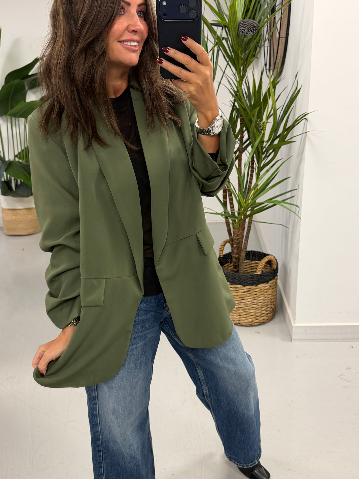 Ruched Sleeve Blazer - Khaki (Plus sizes)