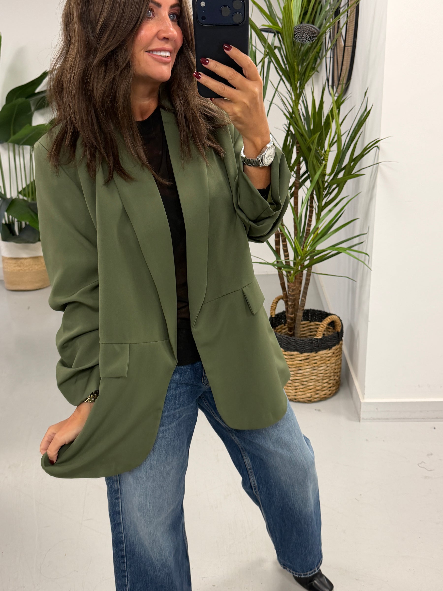 Ruched Sleeve Blazer - Khaki (Plus sizes)