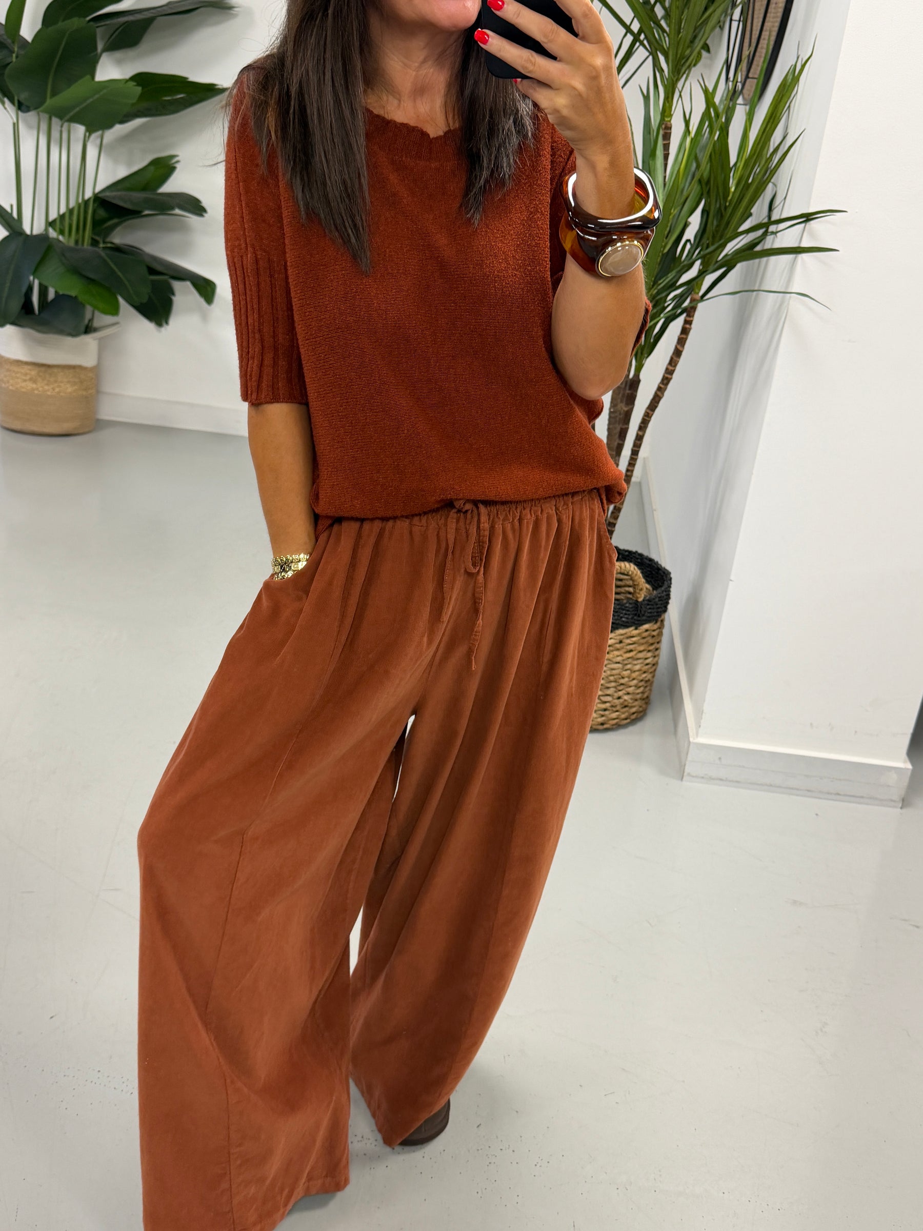 Crop Sleeve Boat Neck Knit - Rust