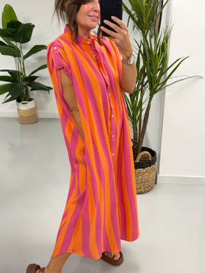 Sugar Rush Cotton Shirt Dress - Pink/Orange