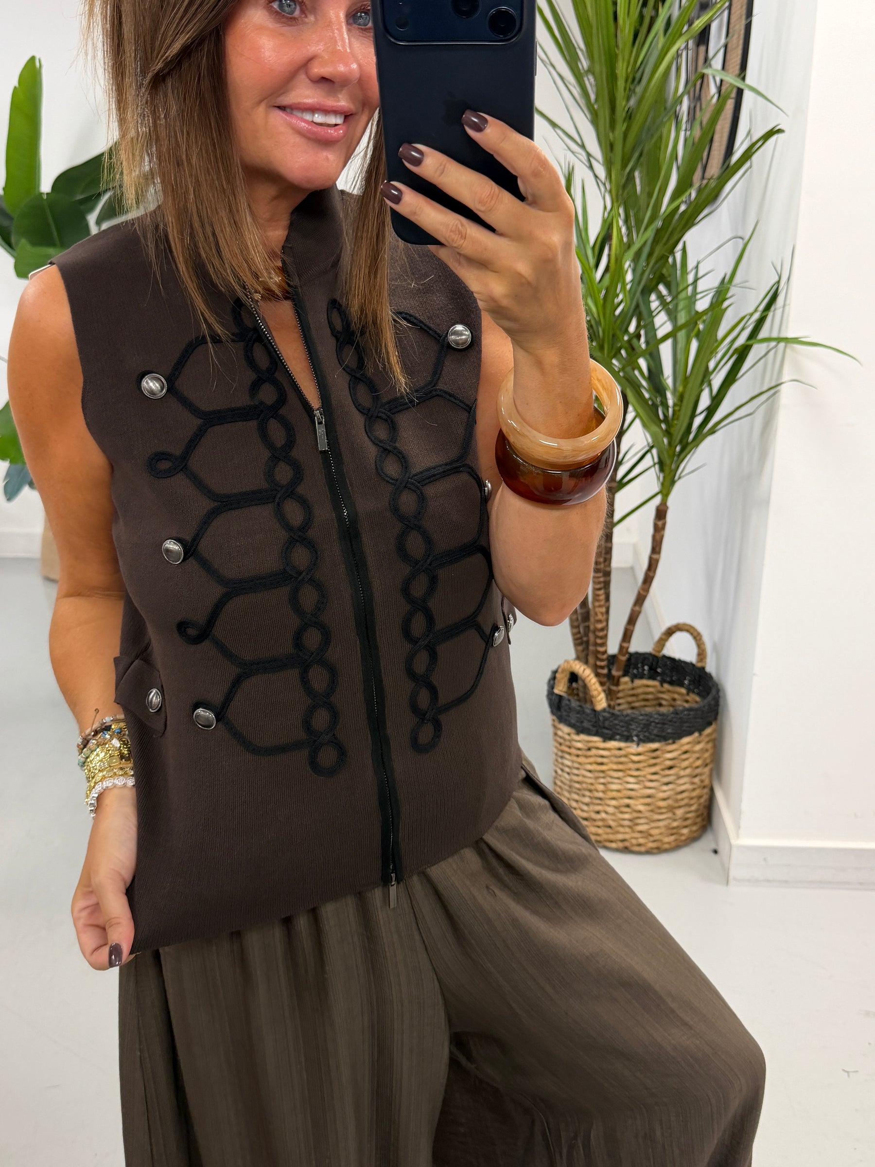 Military Patterned Knitted Waistcoat - Chocolate/Black