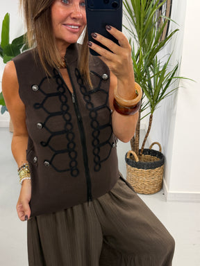 Military Patterned Knitted Waistcoat - Chocolate/Black