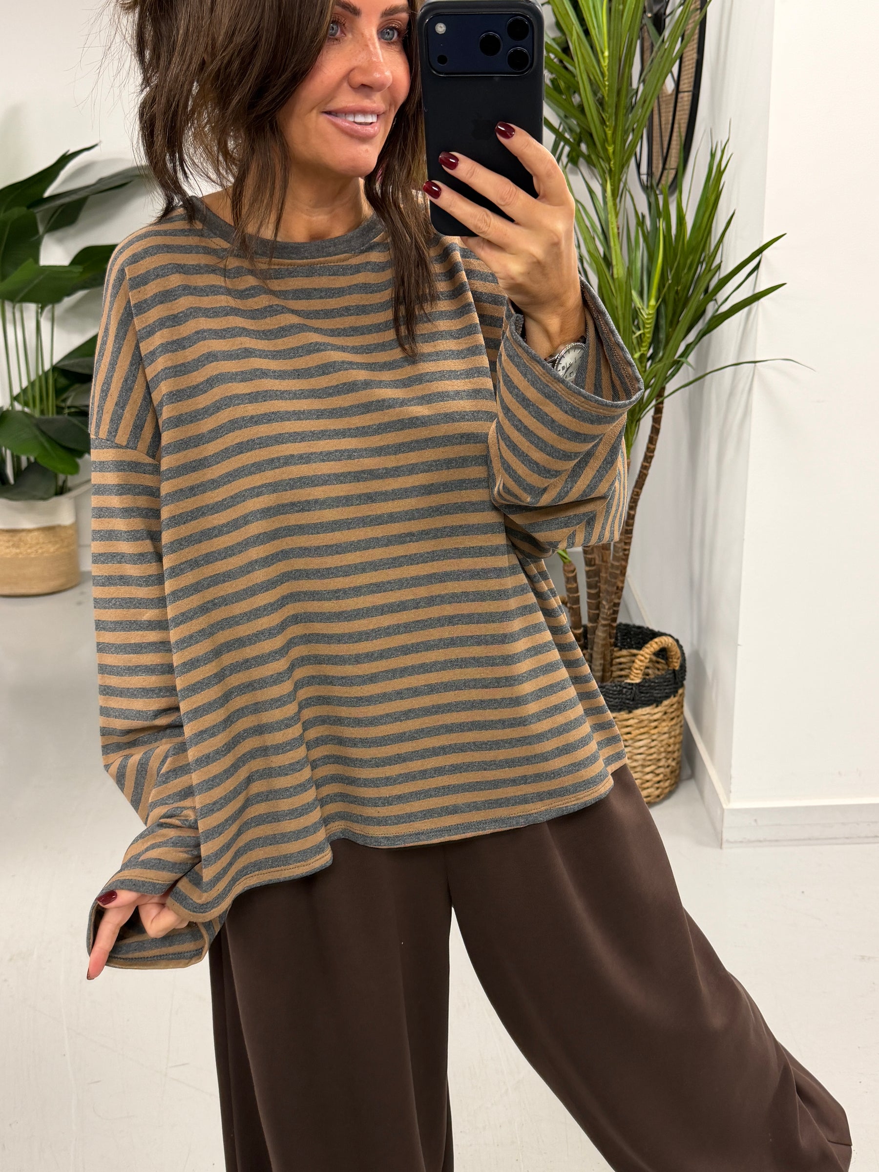 Sunset Stripe Boxy Sweat- Camel/Grey (Size 12-16)