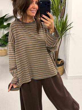 Sunset Stripe Boxy Sweat- Camel/Grey (Size 12-16)
