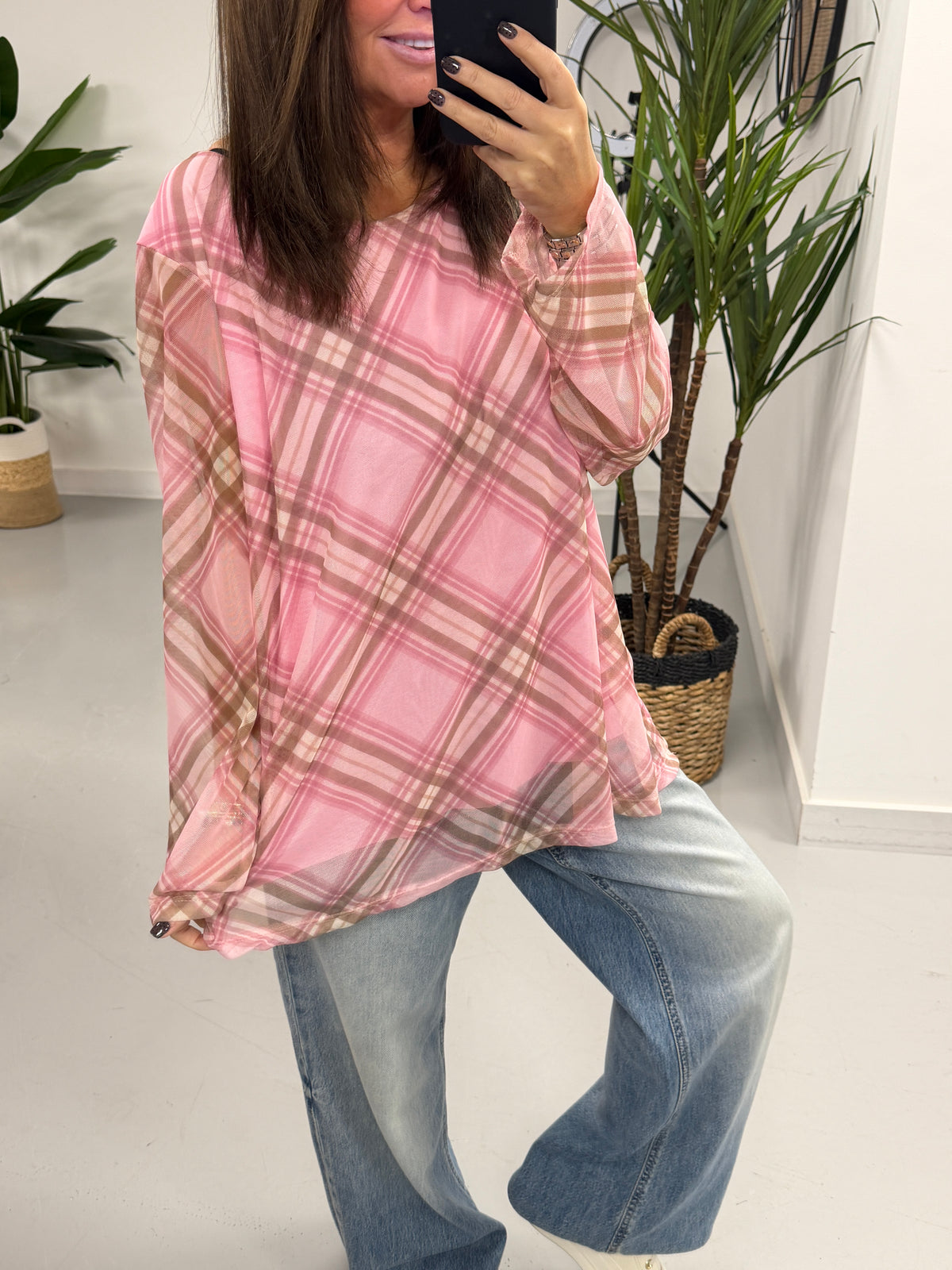 Layered Tartan Mesh Top - Pink