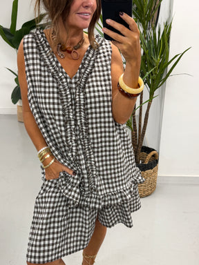 The Gingham Frill Tunic- Chocolate