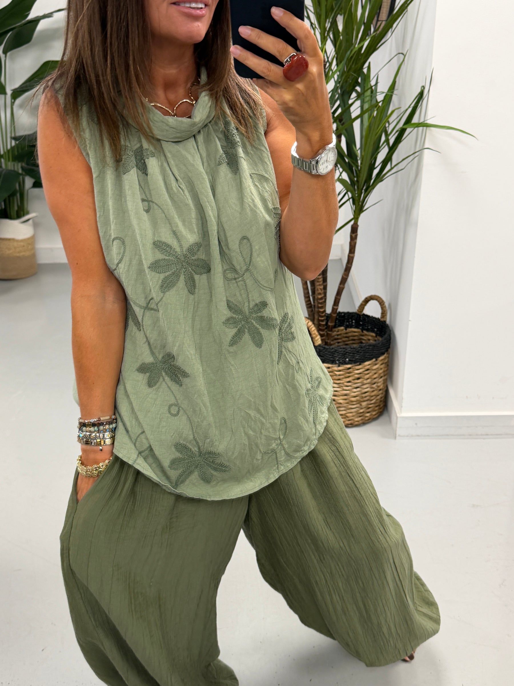 Reverse Collar Embroidered Tunic - Khaki