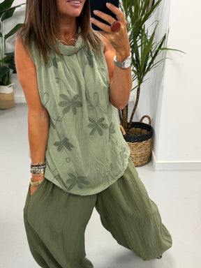 Reverse Collar Embroidered Tunic - Khaki