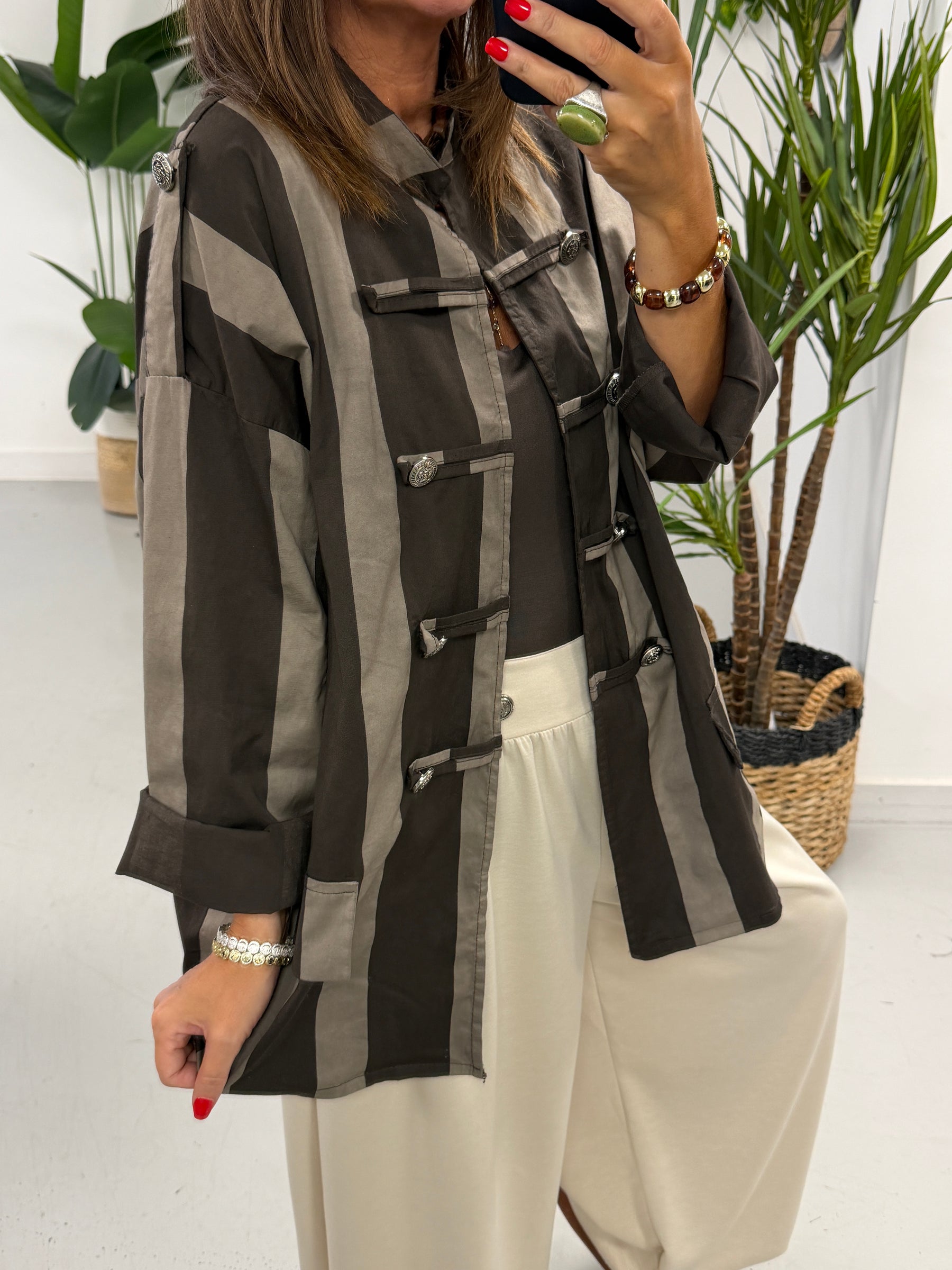 Bailey Wide Stripe Military Jacket - Taupe/Dark Chocolate