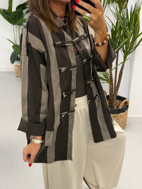 Bailey Wide Stripe Military Jacket - Taupe/Dark Chocolate
