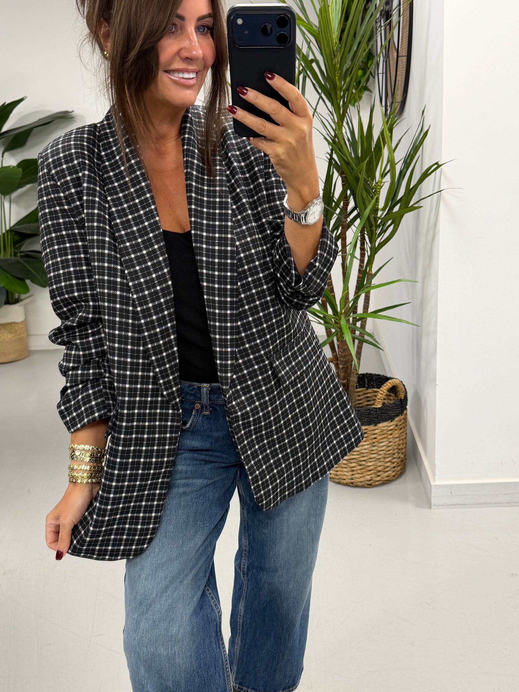 Ruched Sleeve Plaid Blazer - Black/White   (Std sizes)