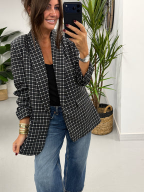 Ruched Sleeve Plaid Blazer - Black/White   (Std sizes)