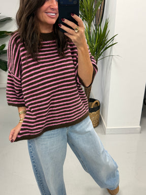 Bentley Crop Sleeve Knit  - Chocolate/Pink (Size 8-14/16)