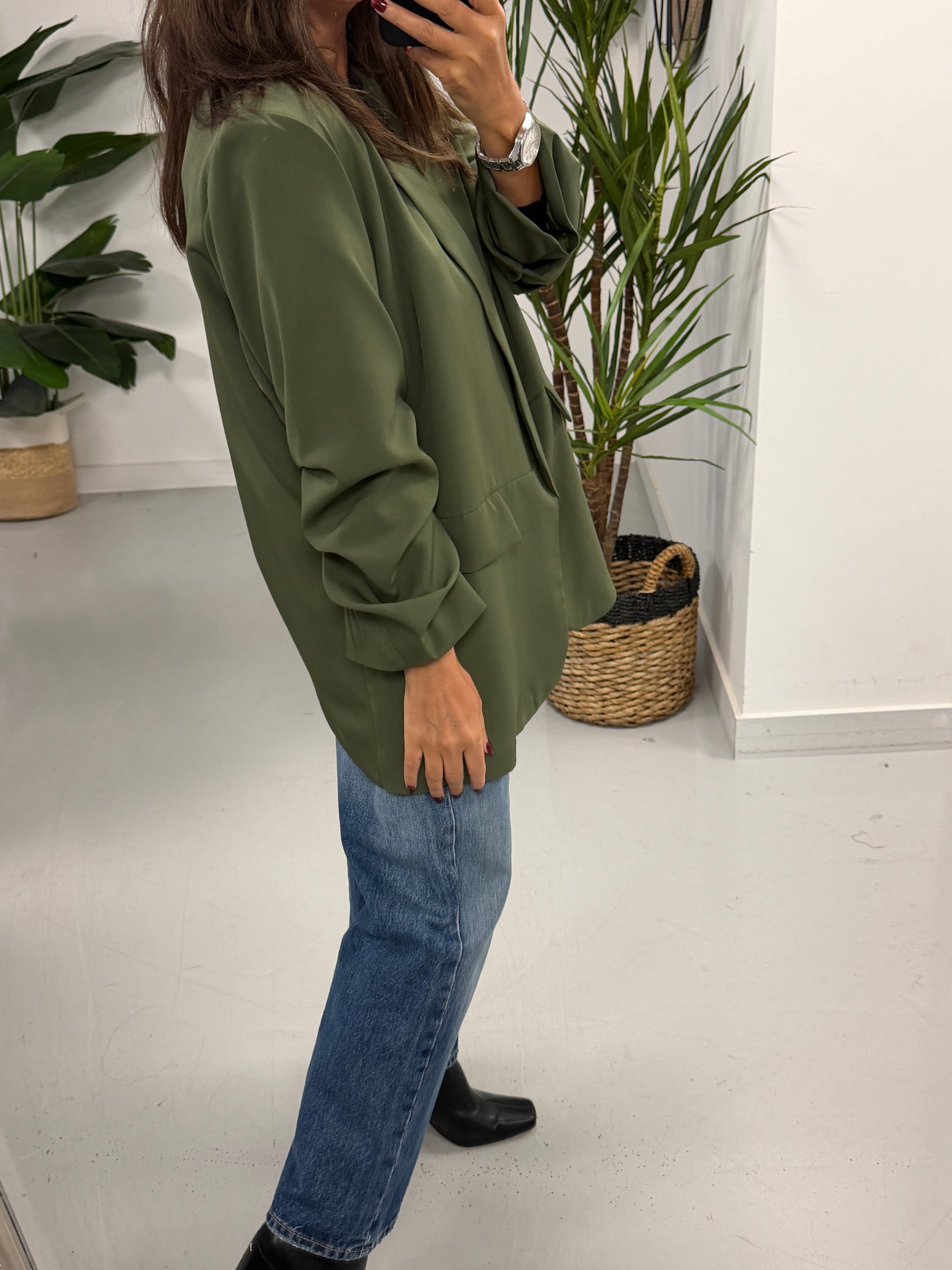 Ruched Sleeve Blazer - Khaki (Plus sizes)