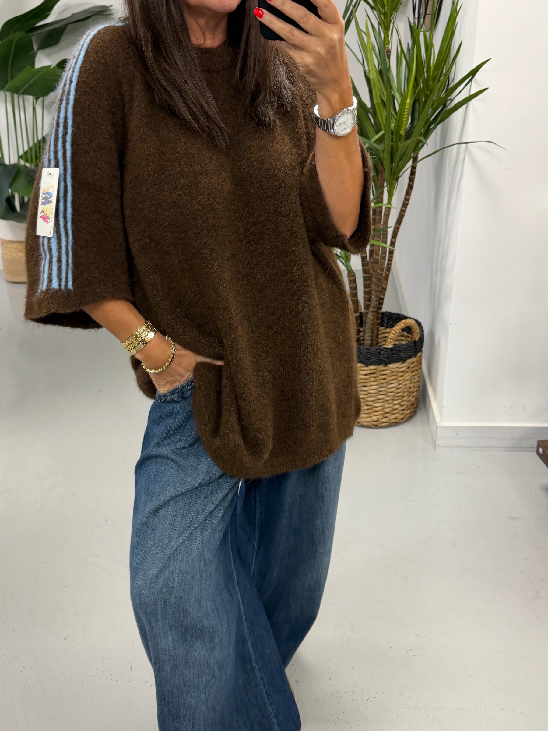 Stripe Long Line Knit  - Chocolate/Blue