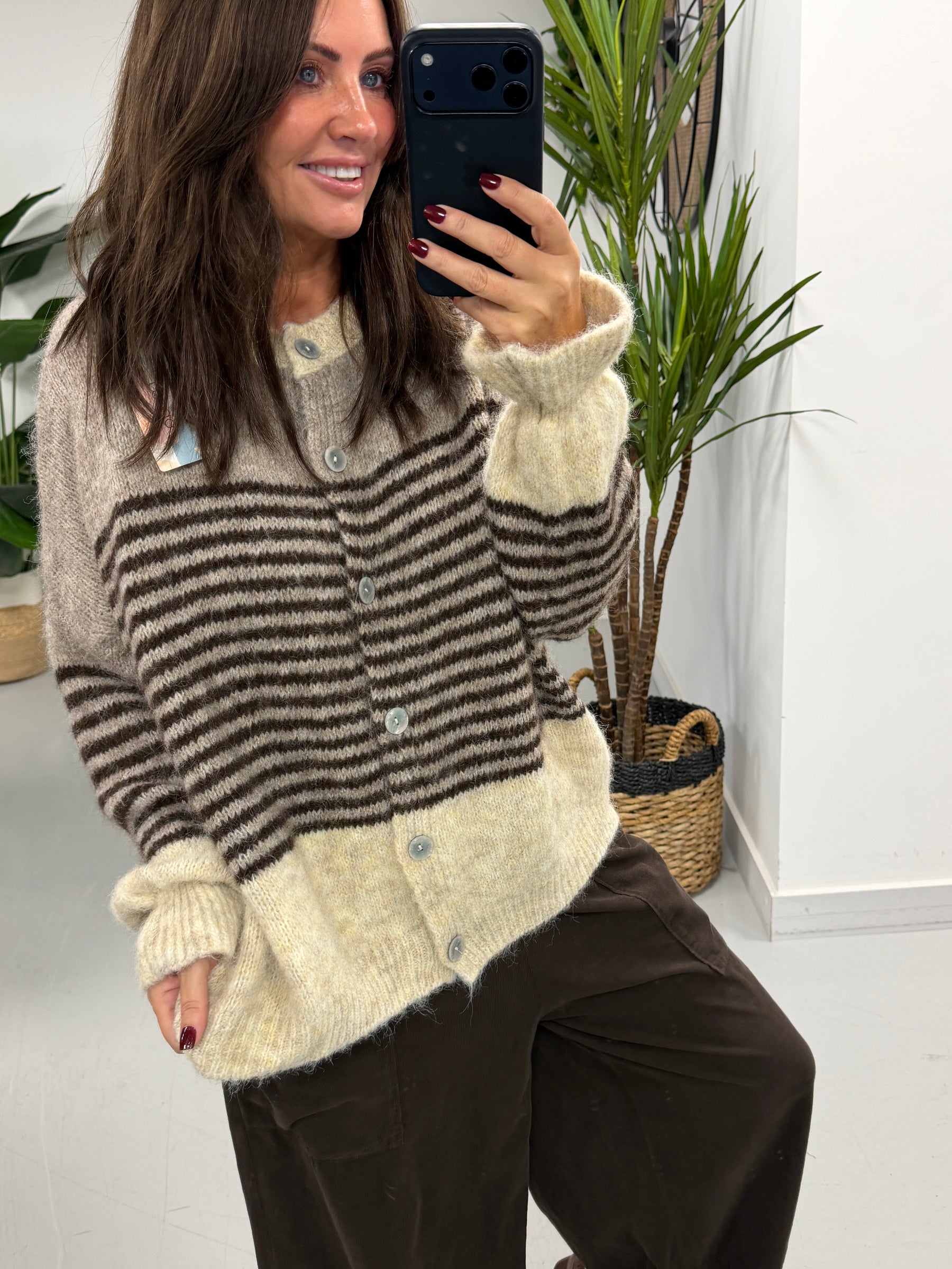 Rustic Stripe Knit Cardigan - Mocha/Chocolate (Size 10-18)