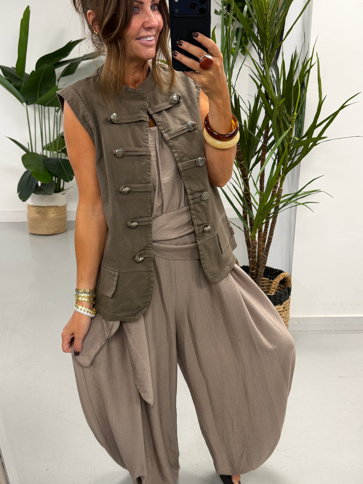Denim Military Waistcoat - Taupe