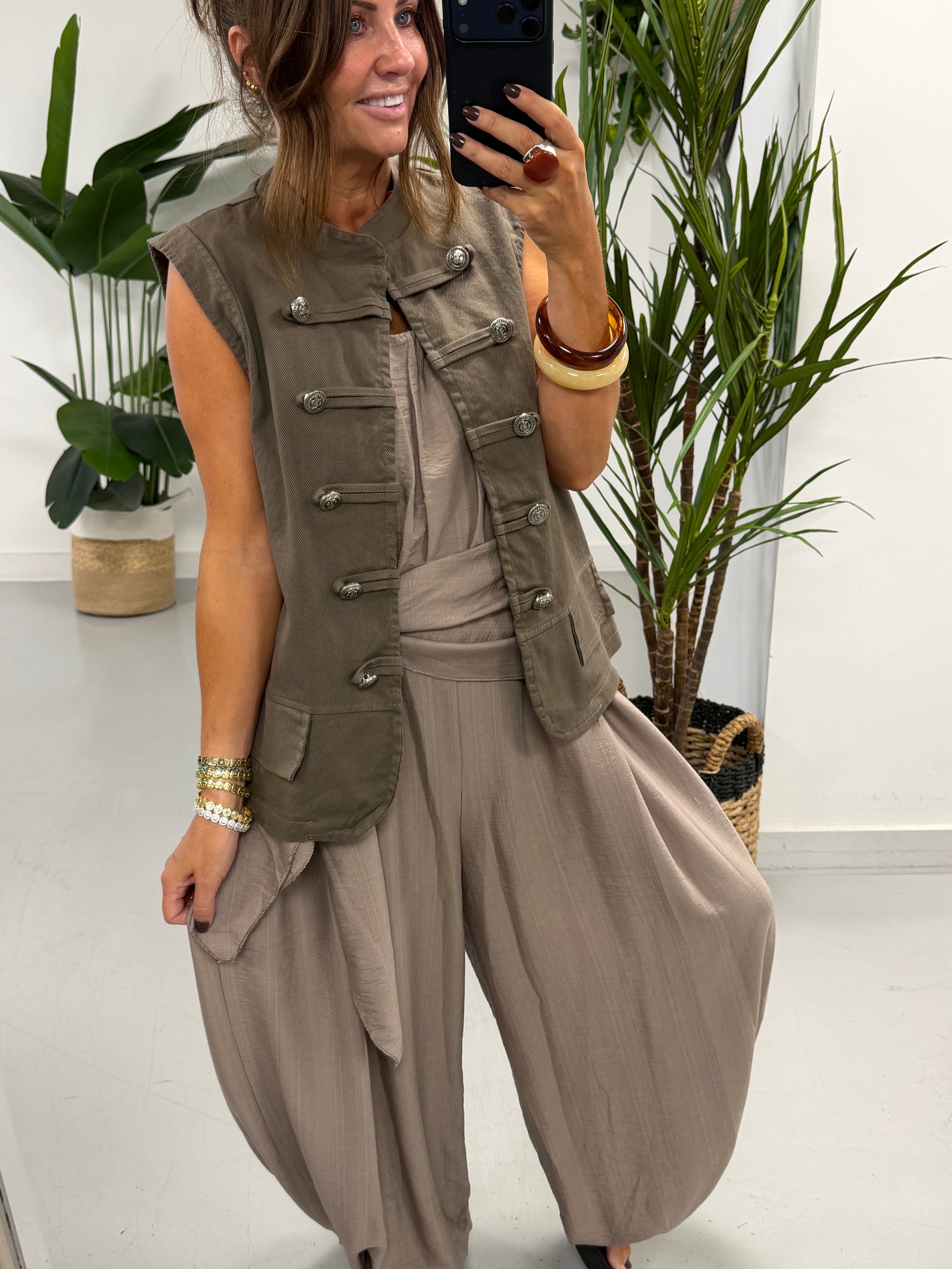 Denim Military Waistcoat - Taupe