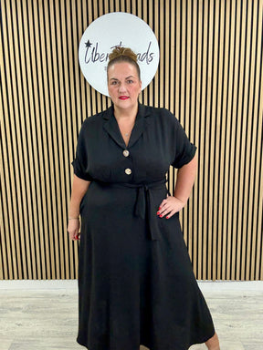 Chunky Button Belted Shirt Dress  - Black