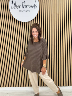 The Bell Sleeve Stripe Soft Knit - Chocolate