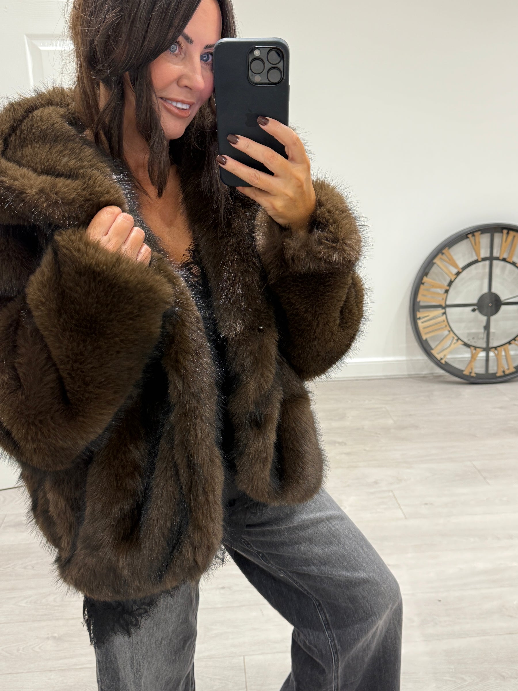 Dark Chocolate Hooded Faux Fur