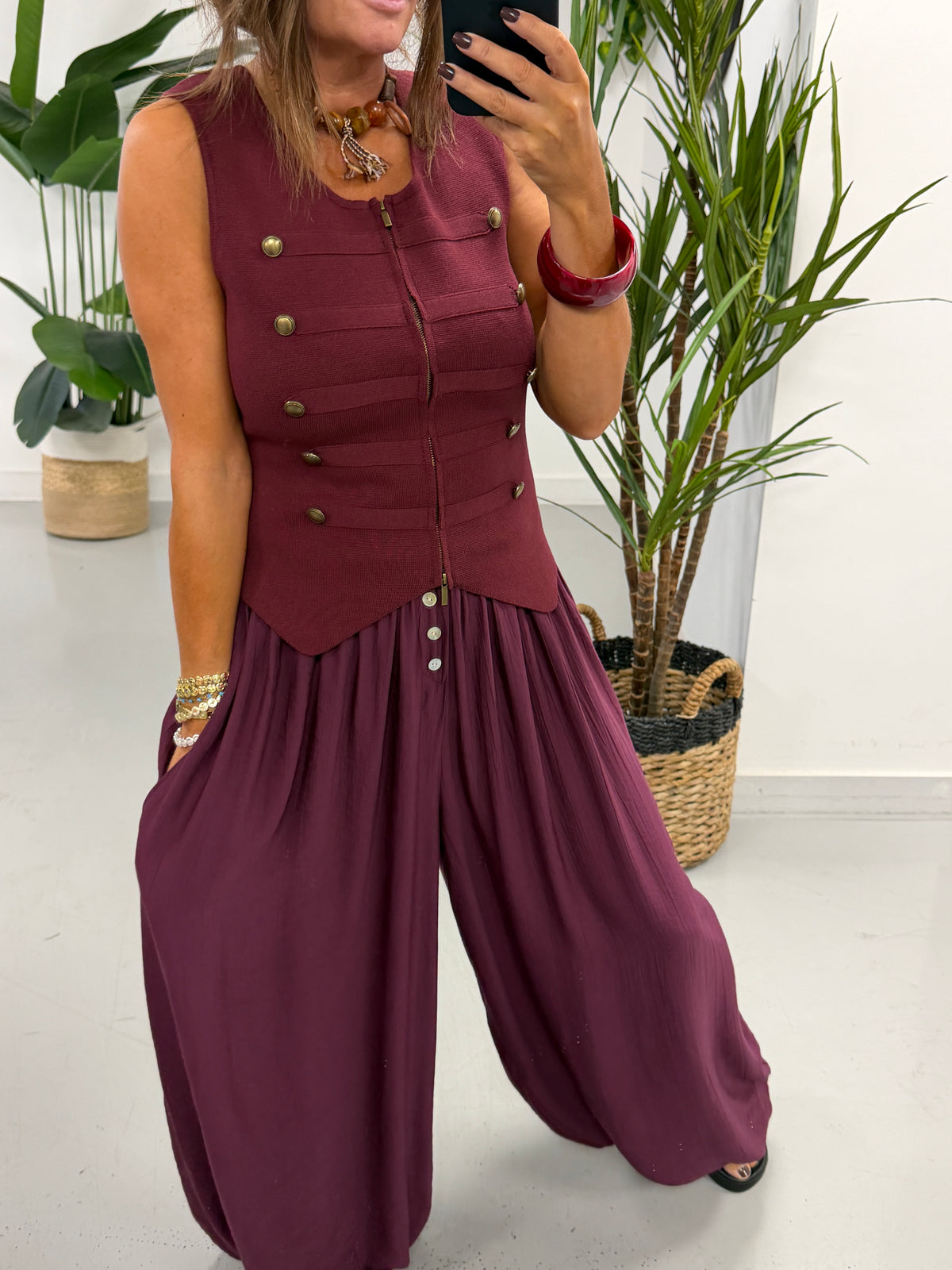 Double Zip Military Waistcoat - Wine