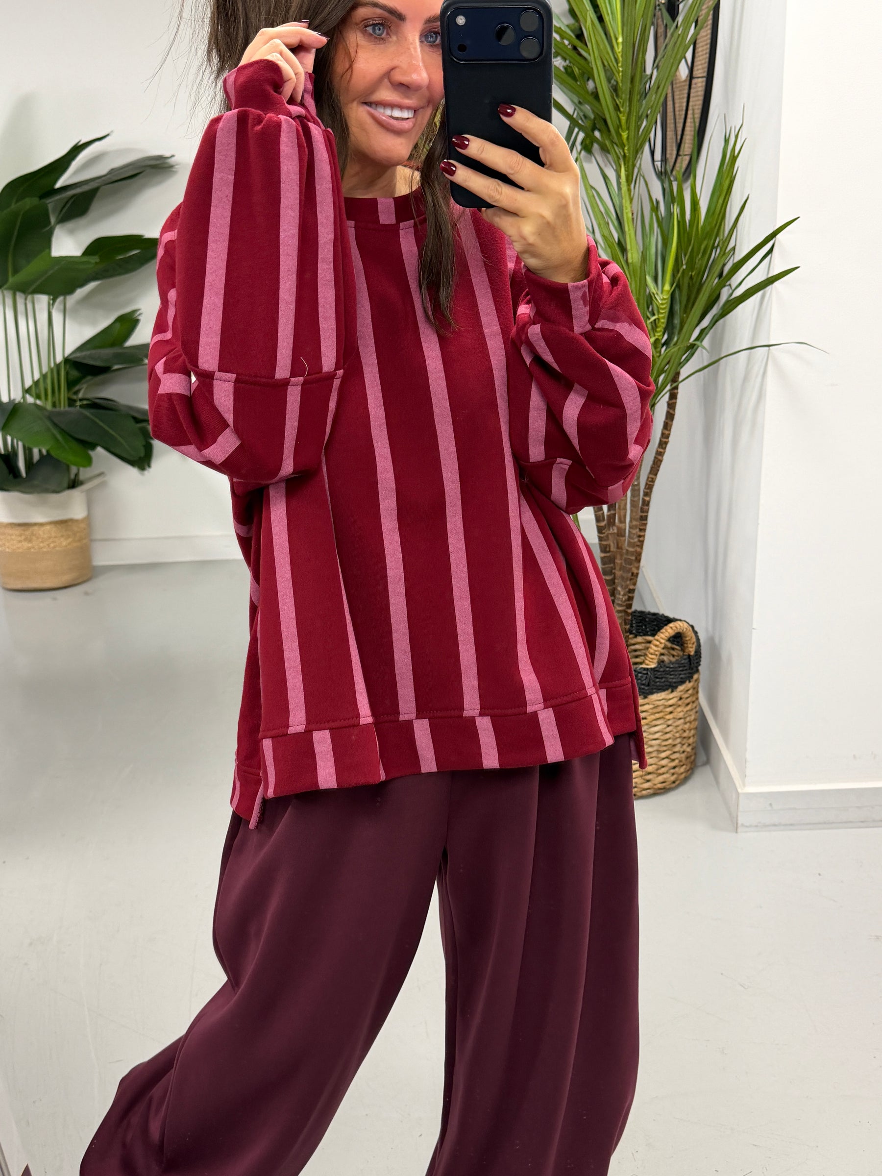 Sunset Stripe  “Life Isn’t Perfect” Sweater - Wine/Pink