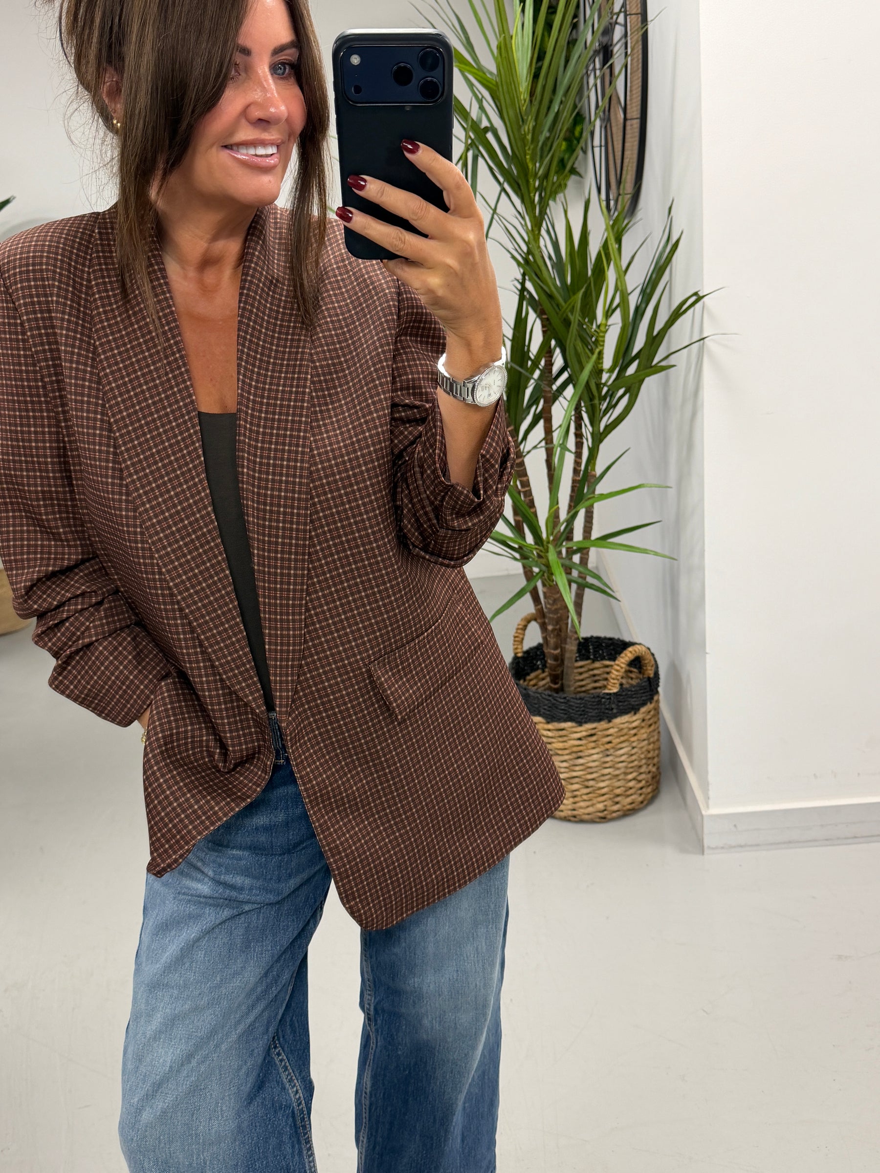 Ruched Sleeve Plaid Blazer - Chocolate (Std sizes)