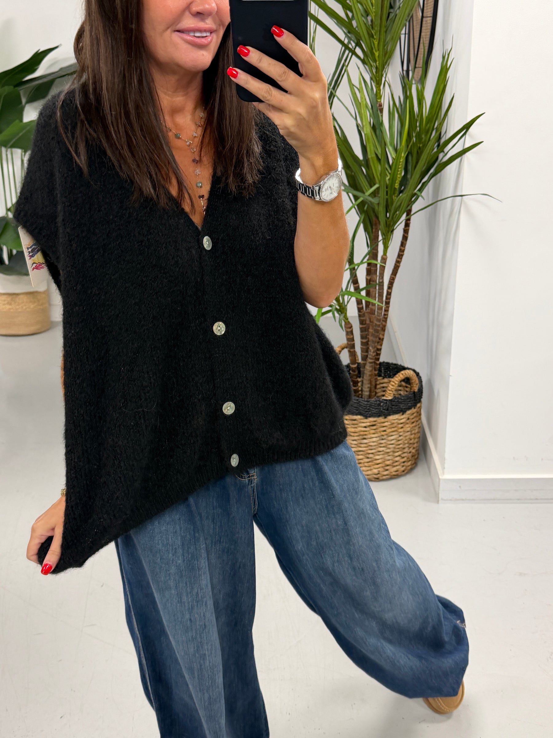 Button Up Slouchy Crop Sleeve Knit - Black
