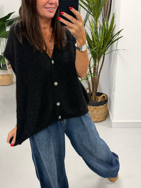 Button Up Slouchy Crop Sleeve Knit - Black