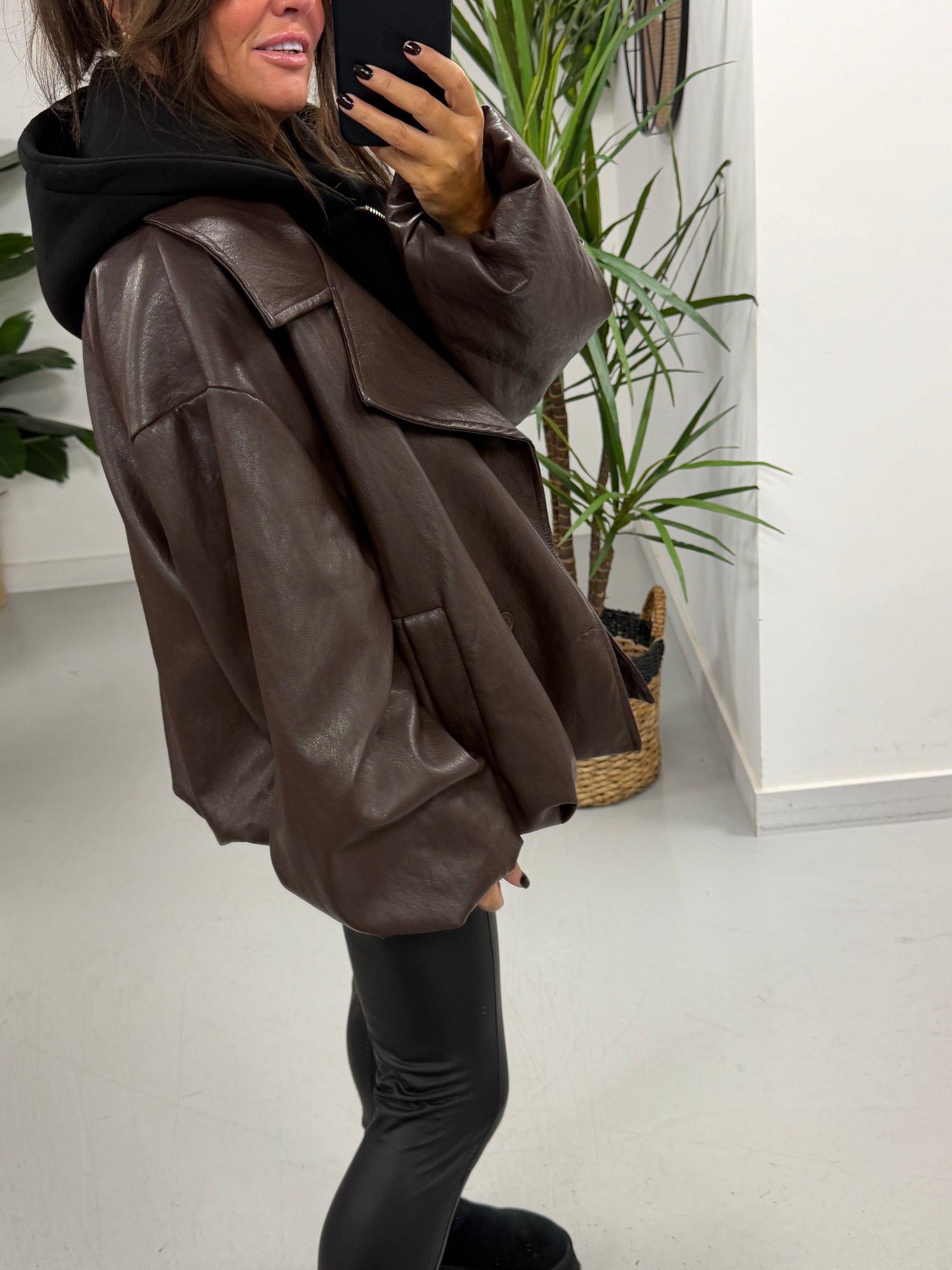 The Blake Hooded PU Jacket - Chocolate (Size 12 - 16)