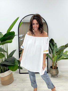 Daisy Sleeve Bardot Top - White