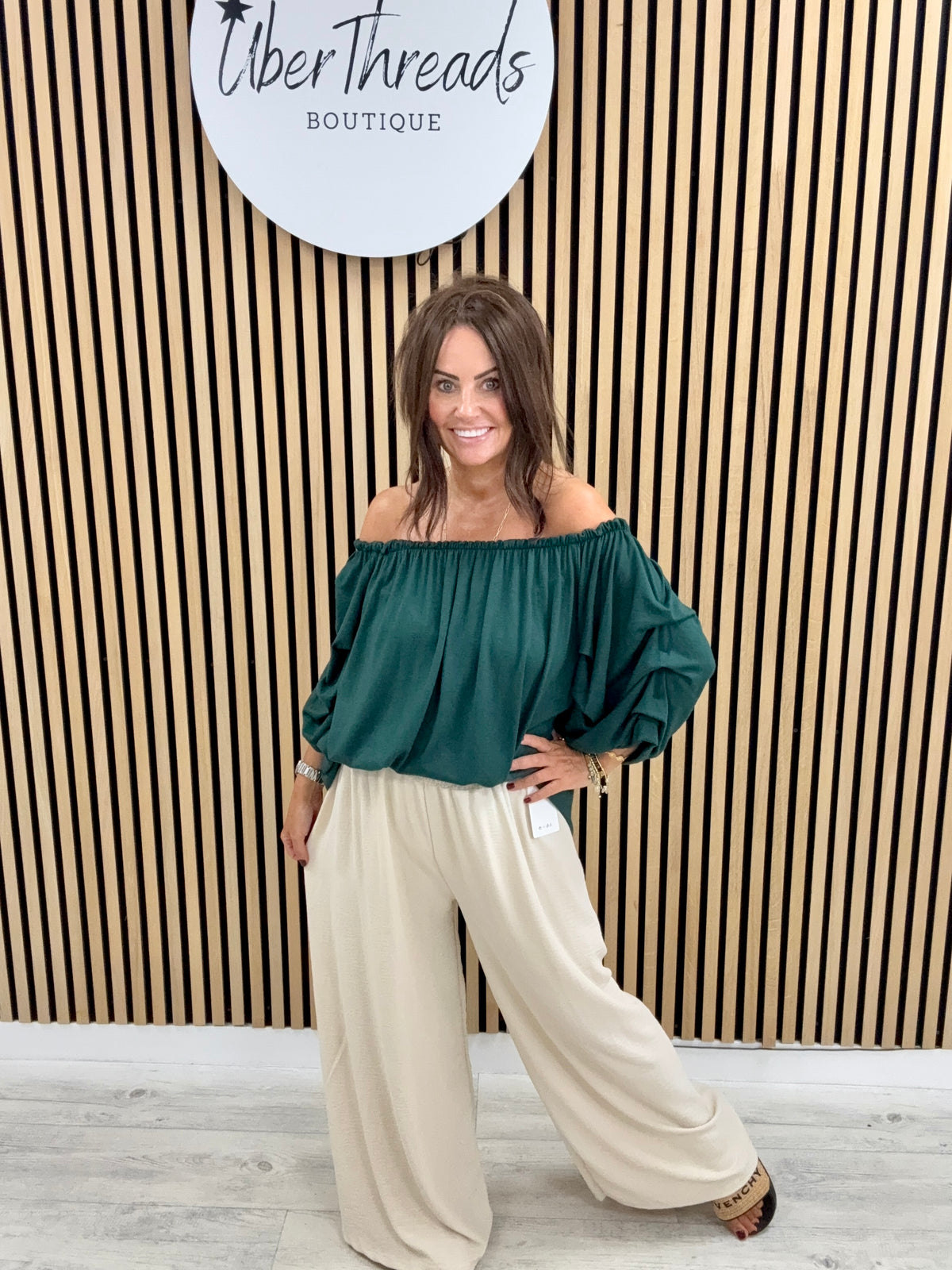 The Soft Knit Palma Puff Sleeve Bardot - Forest Green