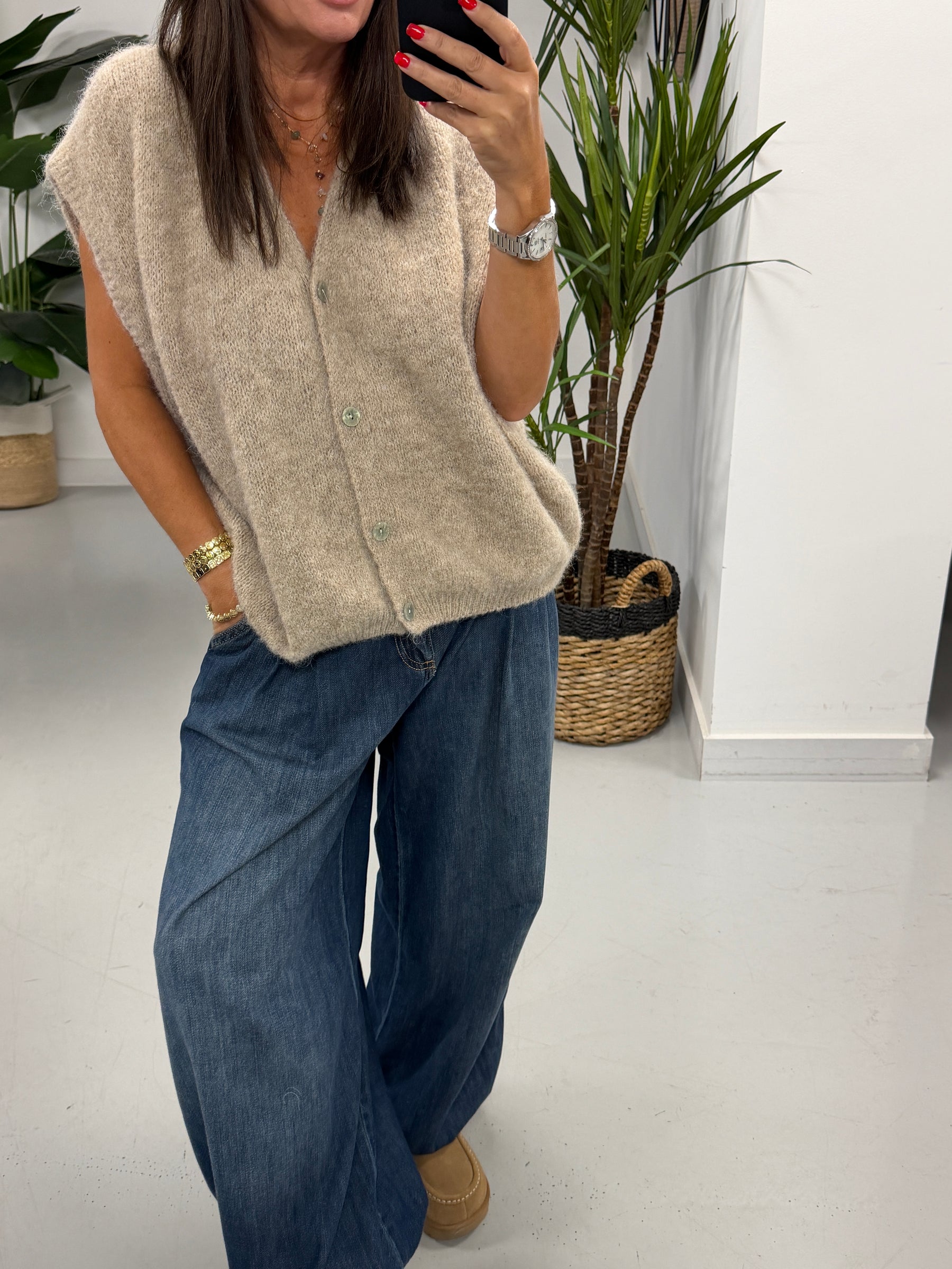Button Up Slouchy Crop Sleeve Knit - Oatmeal