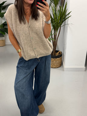 Button Up Slouchy Crop Sleeve Knit - Oatmeal