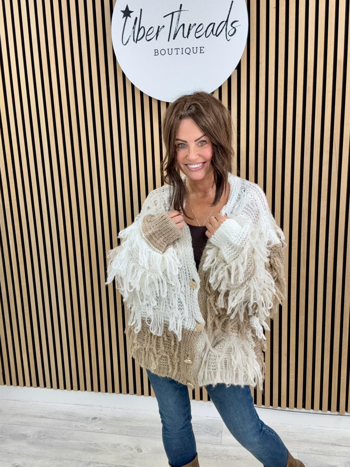 The Shaggy Cardigan - Camel/Stone/White