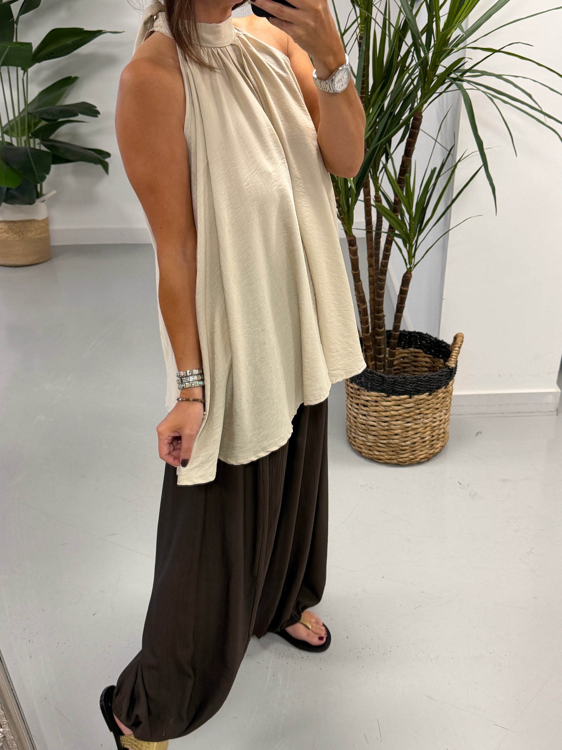 Crinkle Floaty Halter-neck Tunic - Cream
