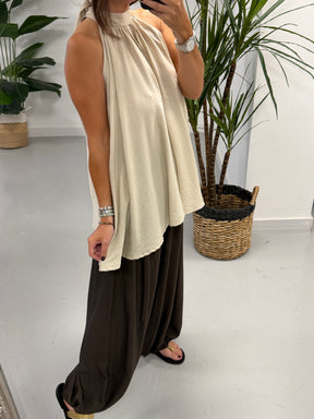 Crinkle Floaty Halter-neck Tunic - Cream