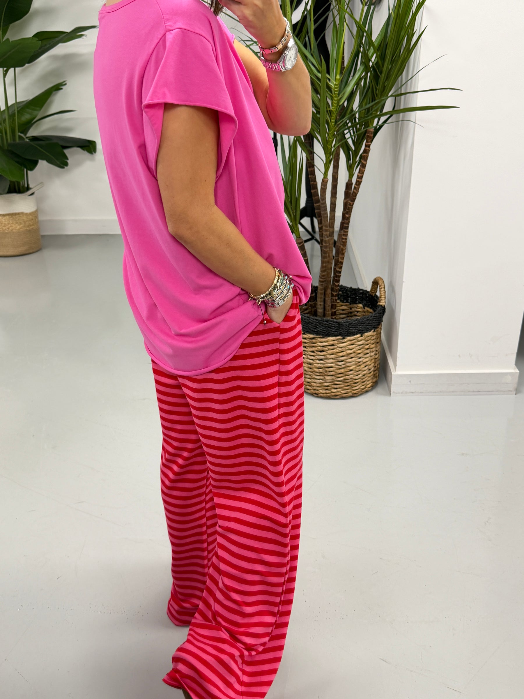 The Striped Wide Leg Jersey Jogger - Red/Pink