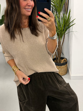 Crop Sleeve Boat Neck Knit - Oatmeal (Size 10 - 16)