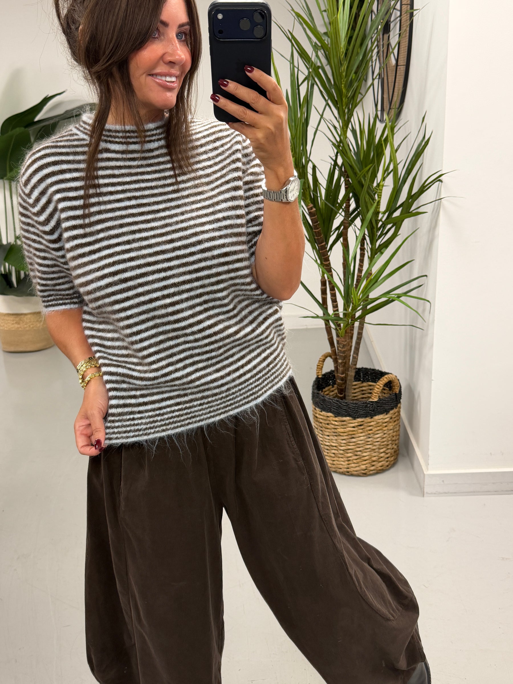 Stripe Crop Sleeve Knit  - Blue/Chocolate (Size 8-14)