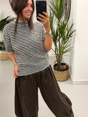 Stripe Crop Sleeve Knit  - Blue/Chocolate (Size 8-14)